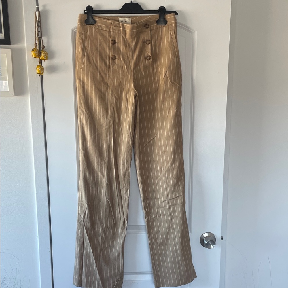 Sezane Tan Striped Women's Straight Leg Pants